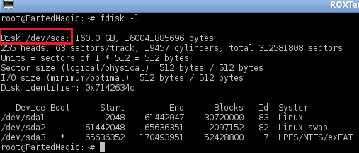 typing Disk /dev/sda: highlighted in cmd line