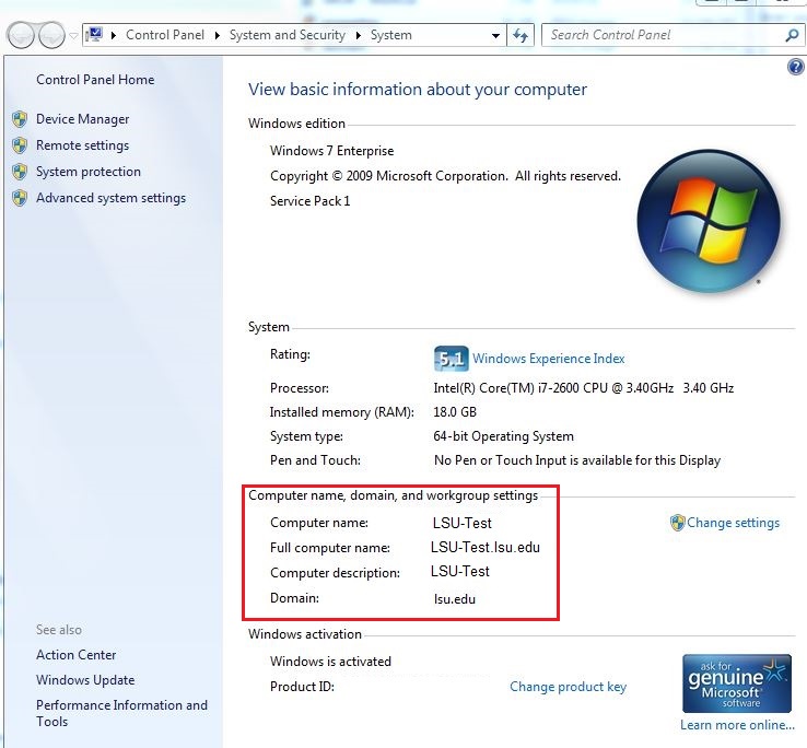 control panel system information page with domain area highlighted