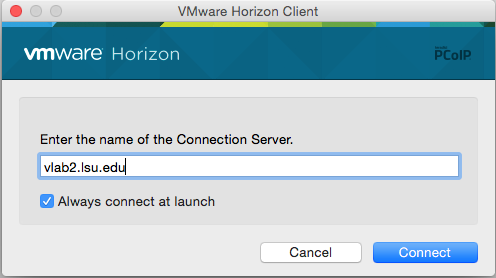 screenshot of the Enter the name of the Connection Server:  vlab2.lsu.edu