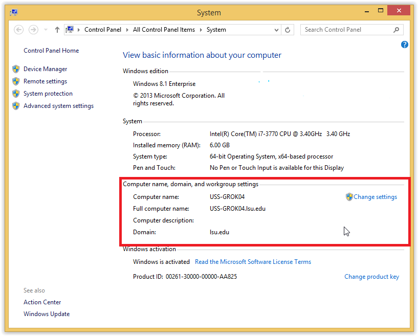 System page on Control Panel