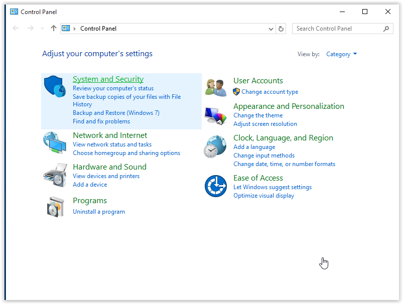 system and security highlighted in control panel