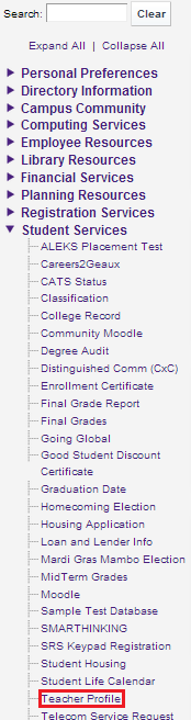 teacher profile link under student services tab on myLSU