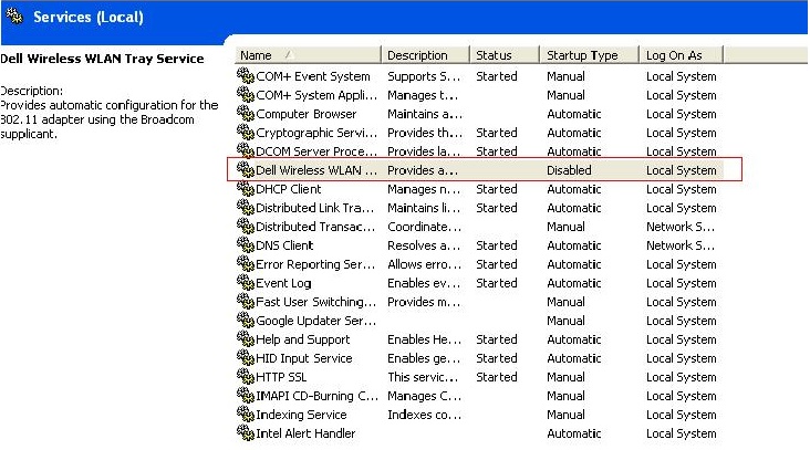 Services | Dell Wireless WLAN | Disabled