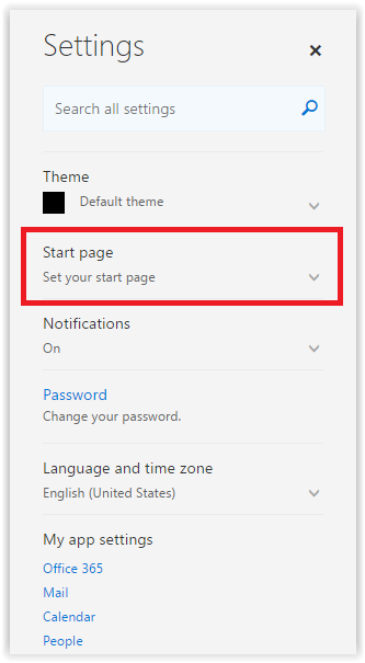 Start page button on Settings dropdown menu