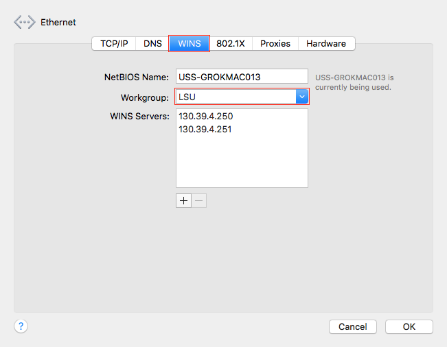 WINS tab on the ethernet window