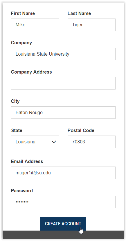 Creating account in National Instruments with Create account highlighted.