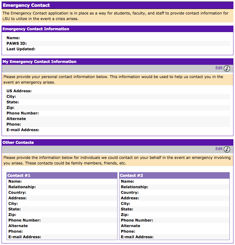 myLSU Emergency Contacts page