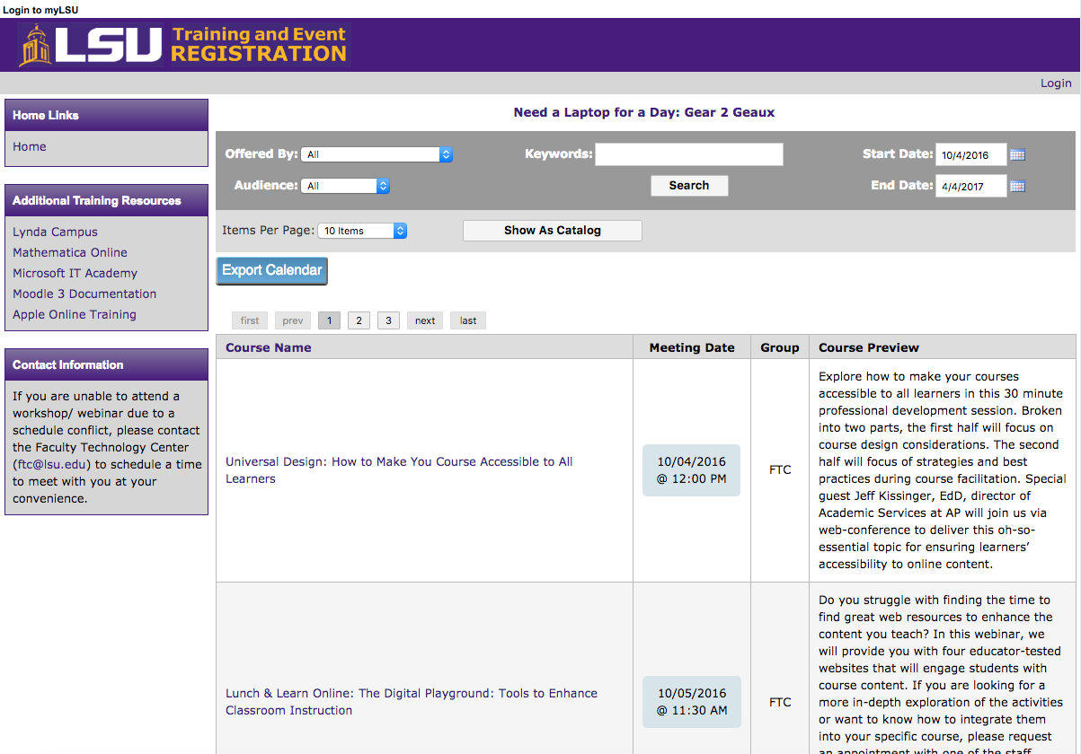 myLSU Training Seminars webpage