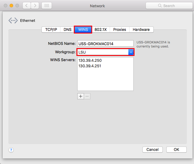 WINS tab and workgroup box in the ethernet window