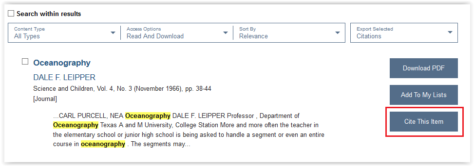 cite this item button on list of articles 