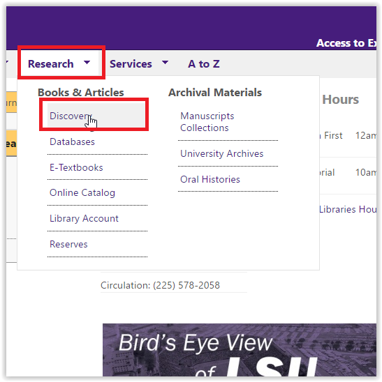 the research drop down menu with the discovery option highlighted