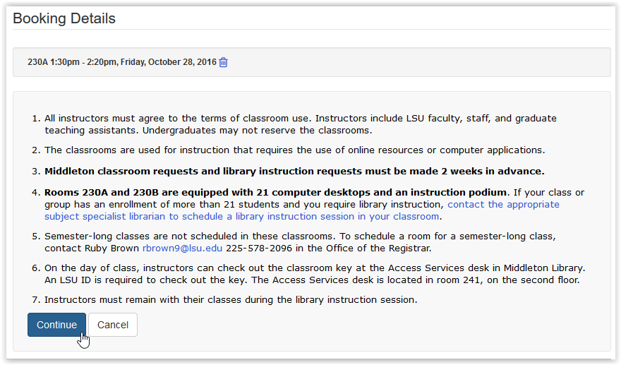 lsu library instruction session booking details