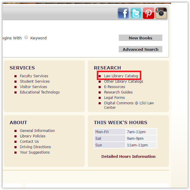 the Law library catalog option under the research section