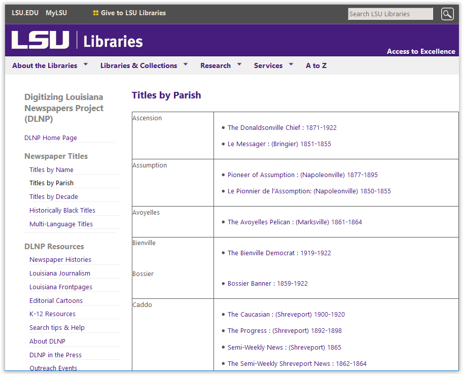 Articles arranged by Parish on the DLNP webpage