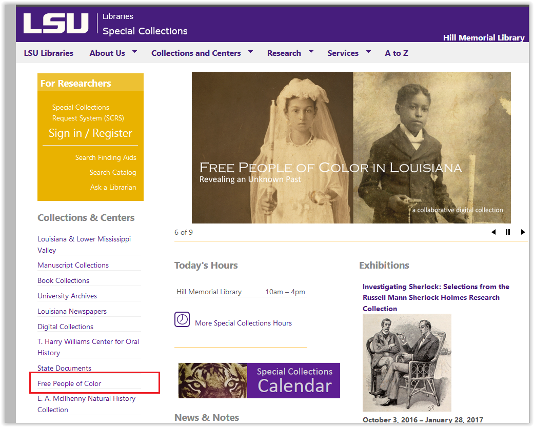Free People of Color link under Collection & Centers