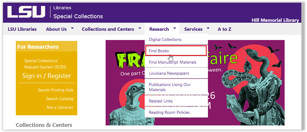 LSU Libraries special collections research/find books button