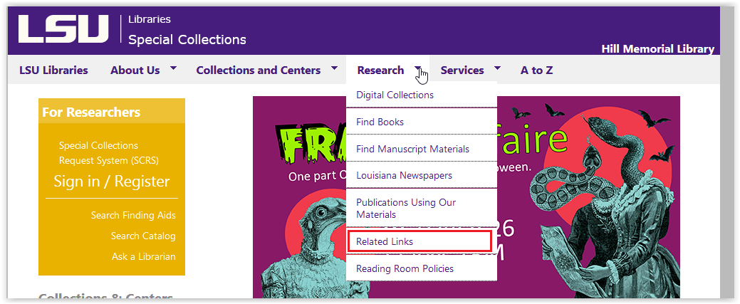 opening the Related links of LSU special collections 