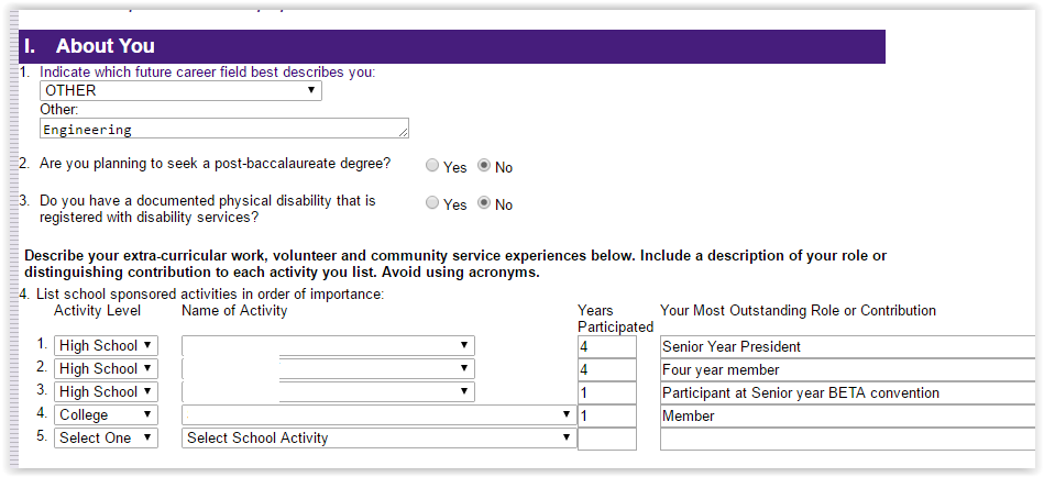 information field for Requesting a Scholarship Query