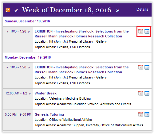 Icons to download an event from the LSU Events Calendar