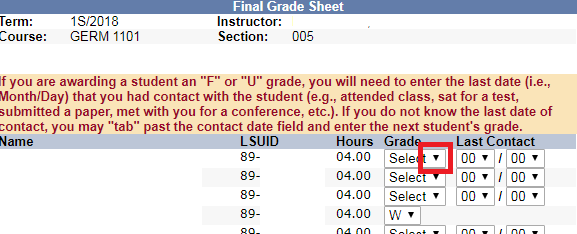 Grade drop down menu at the right area of the list