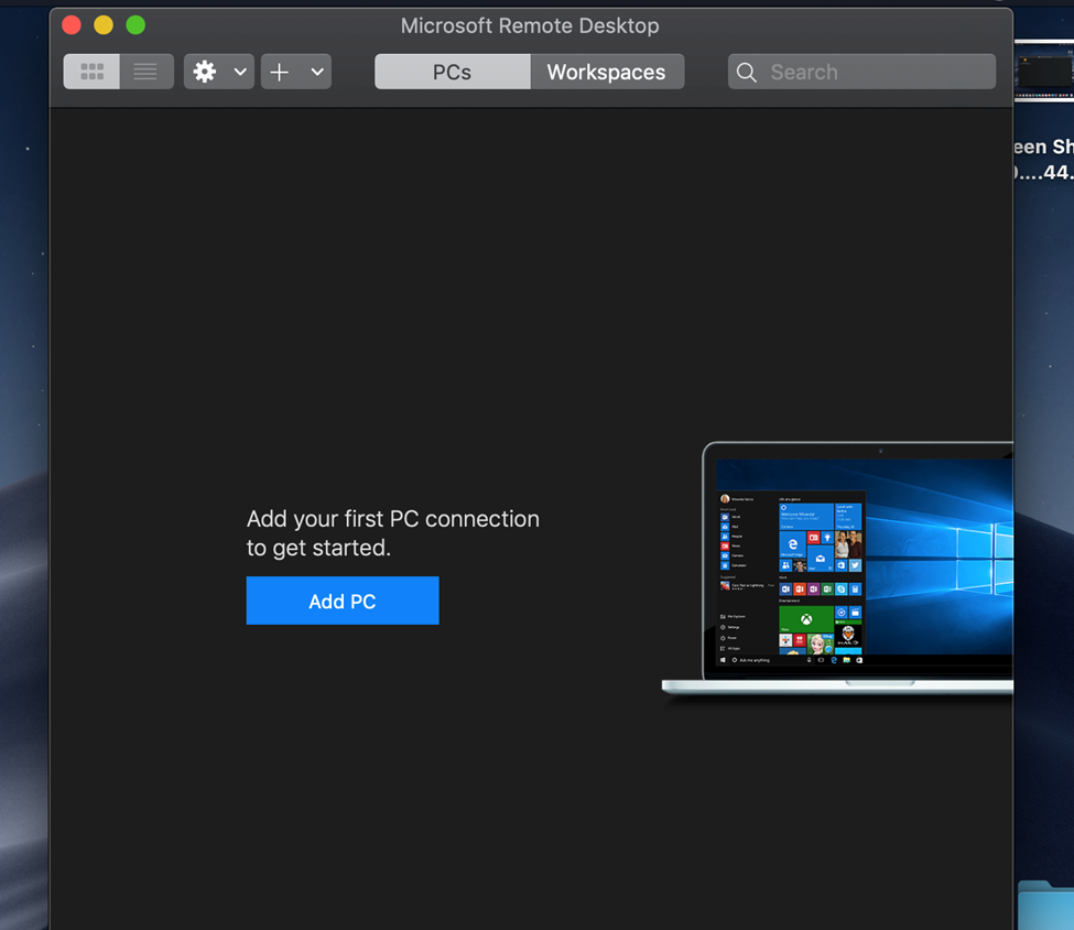 "Add PC" button highlighted in the middle of the Microsoft Remote Desktop window