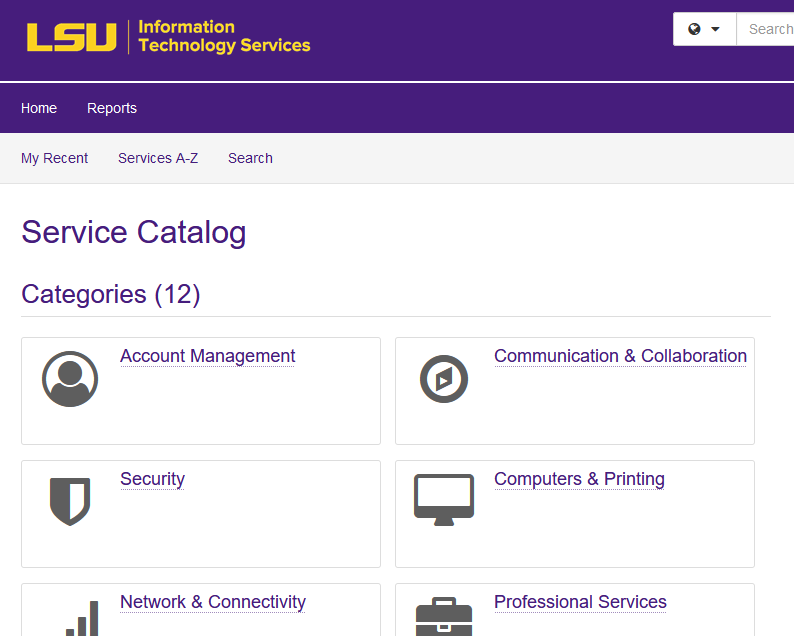 a list of categories to select for the type of request