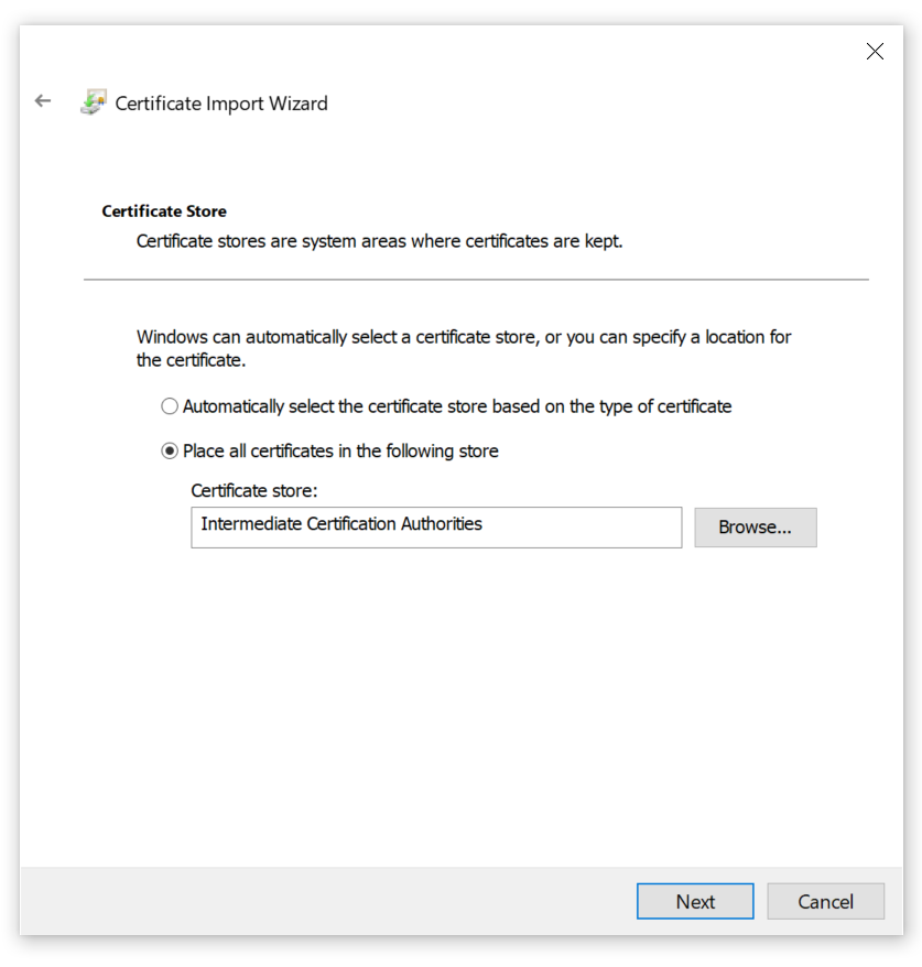 Place all certificates in the following store; click Next.