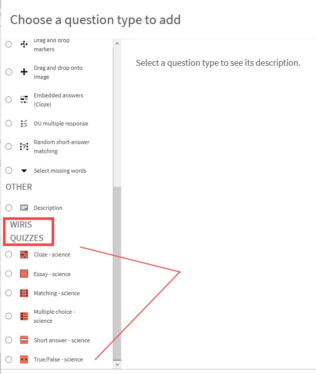 Add a question type dialogue box showing WIRIS Quizzes question types