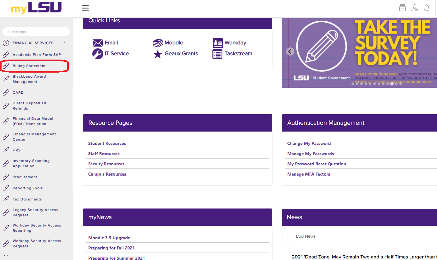 Billing Statement link under Financial Services