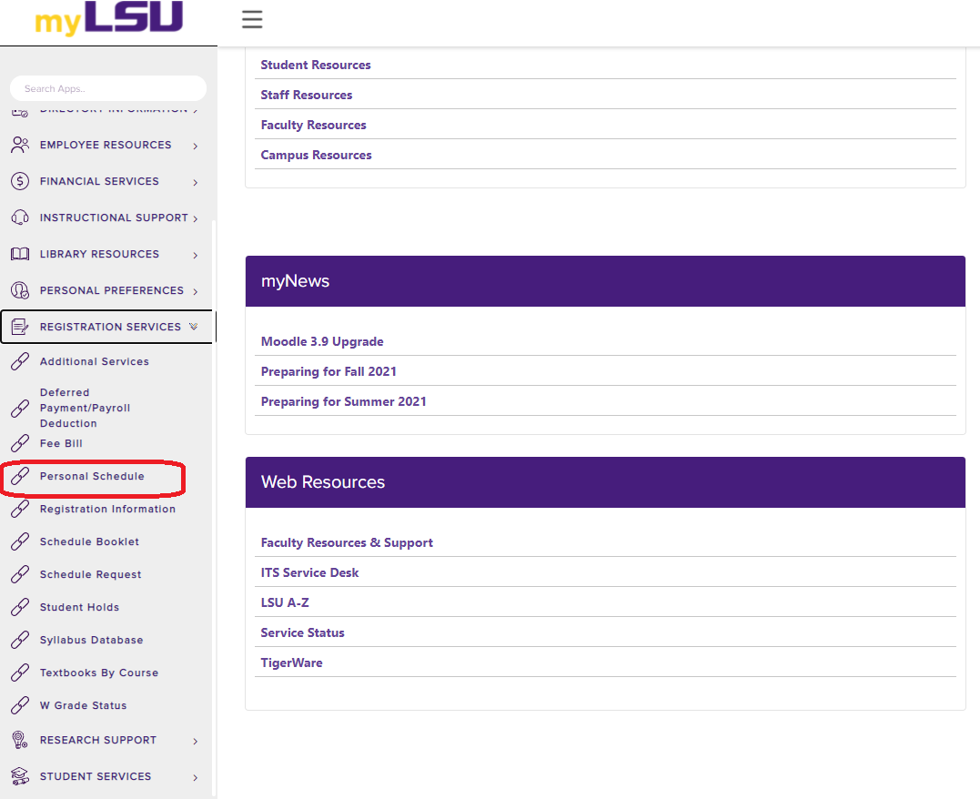 Personal Schedule under the Registration Services drop-down on myLSU