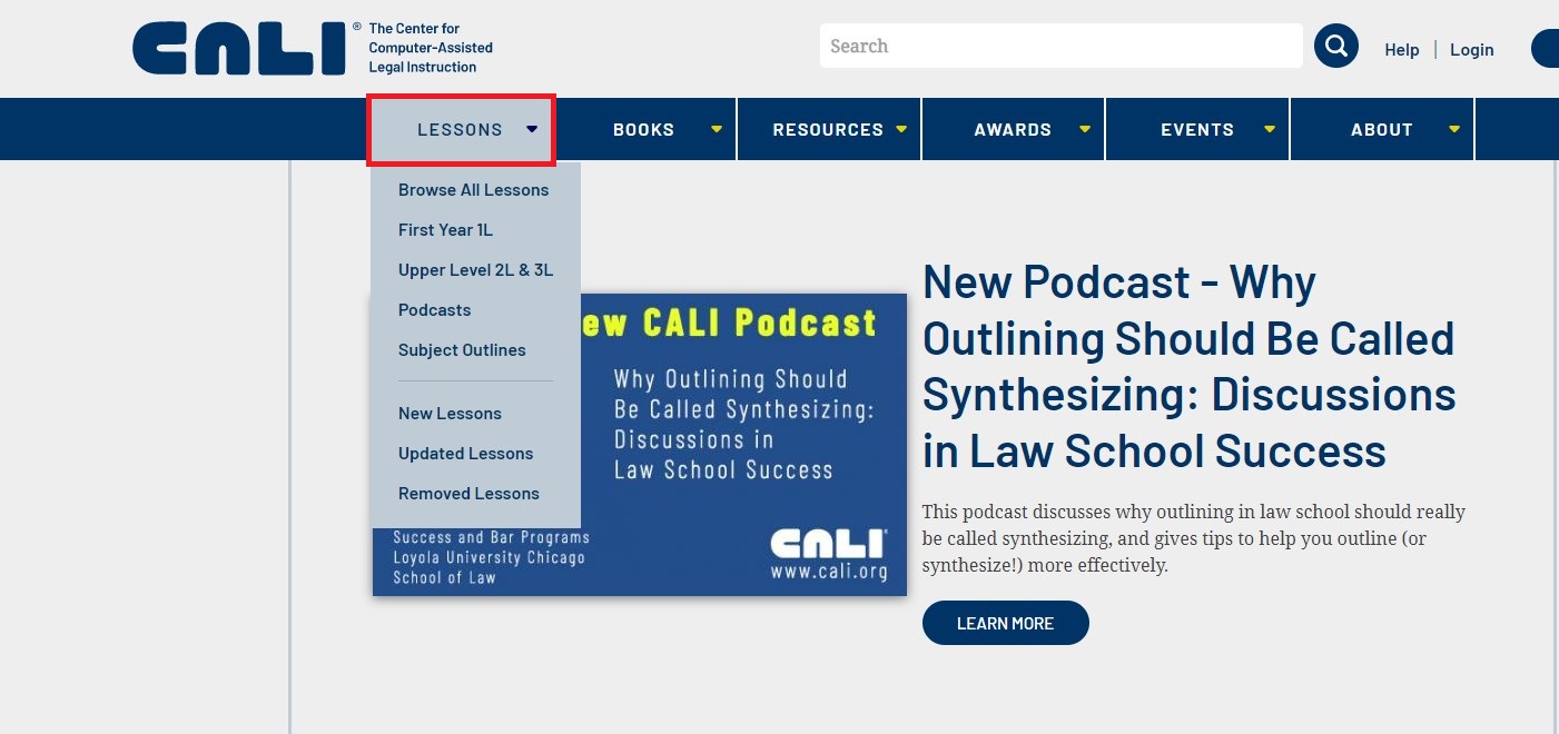 Expanded lessons tab on CALI lessons homepage