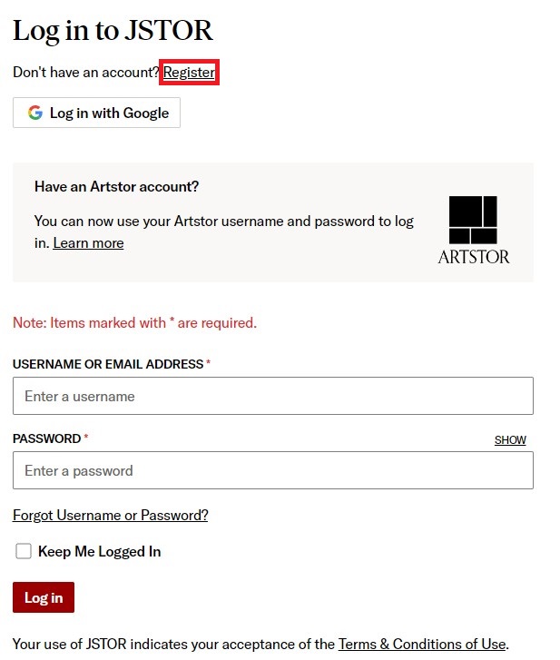 Register button boxed in top-left corner of JSTOR login page