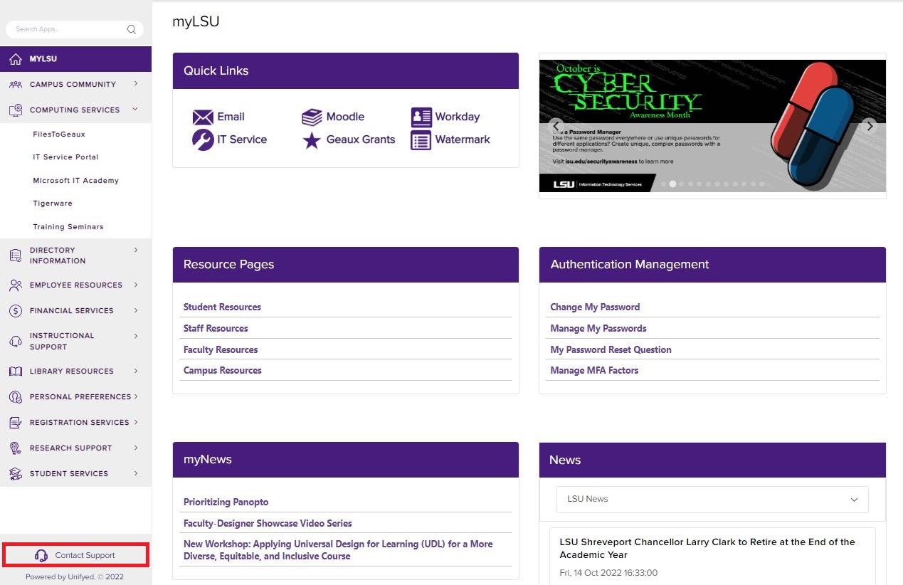 Contact support option highlighted on myLSU homepage