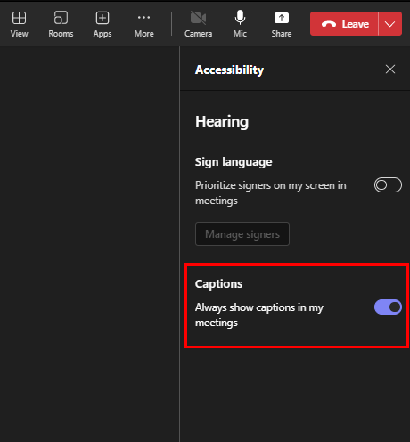 always show captions in my meetings option
