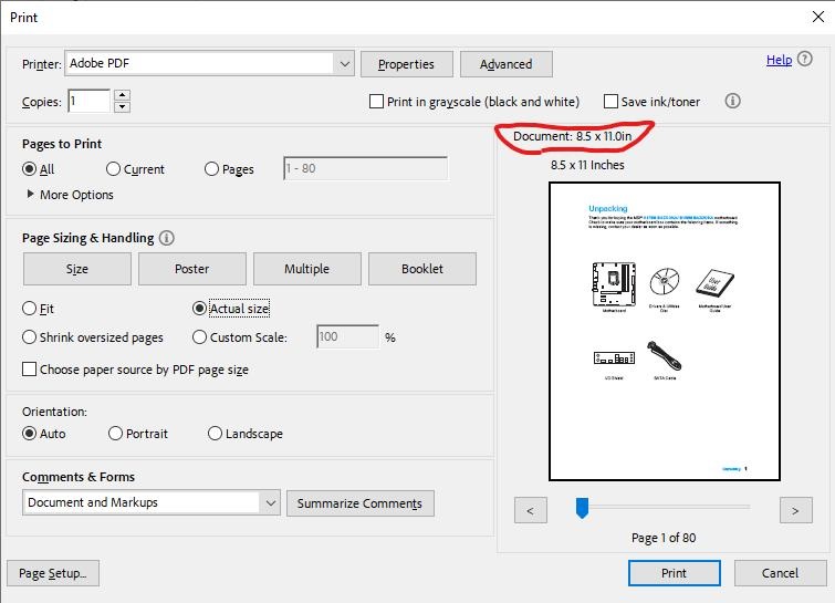 PDF file saving with actual size setting