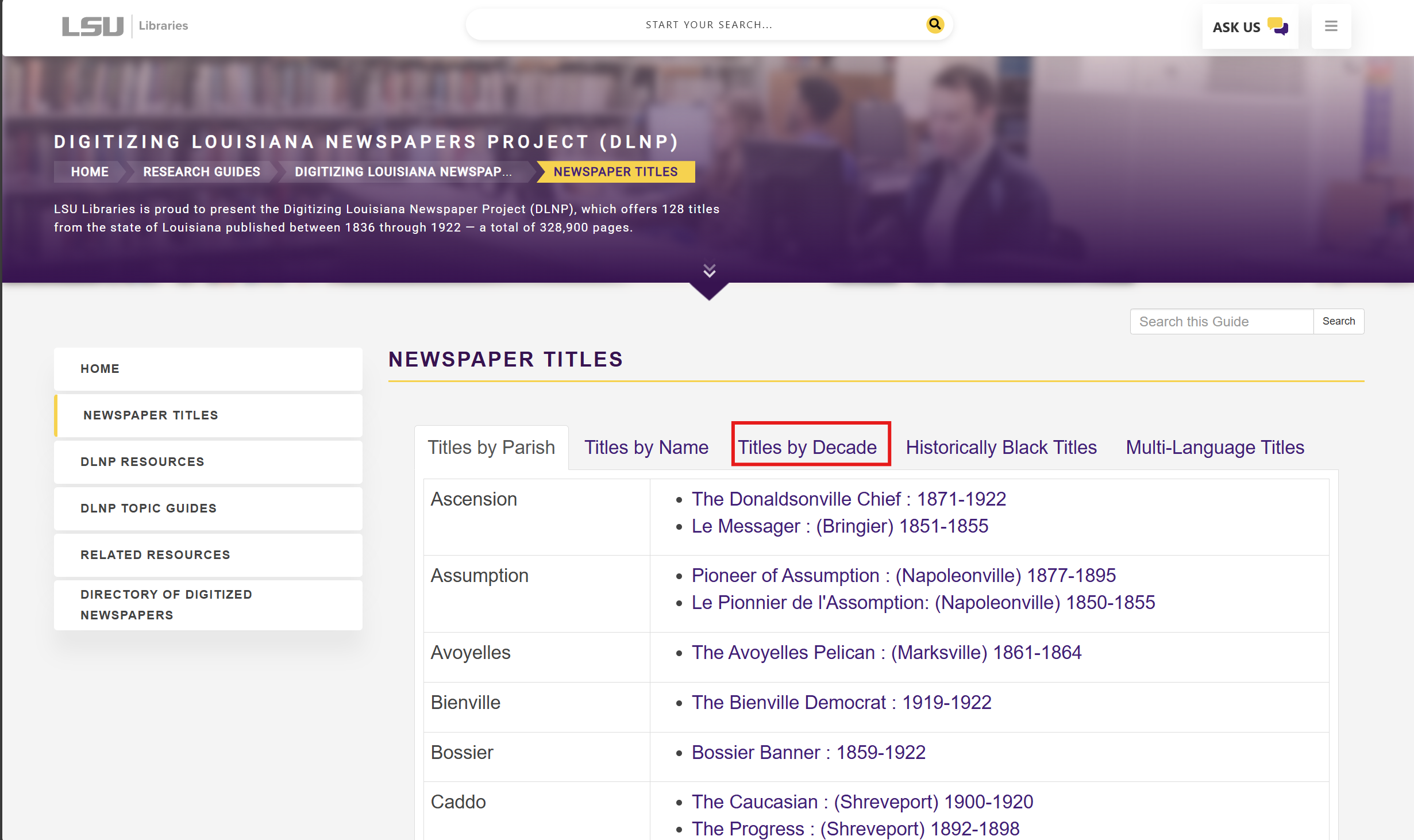 Titles by the decade button under newspaper titles section